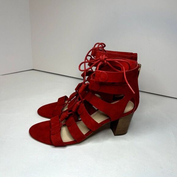 Marc Fisher Red Leather Suede Strappy Lace Heeled Sandals Zip Womens Designer - Picture 6 of 8